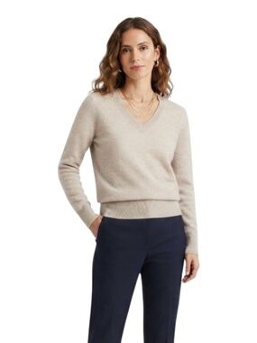 Motf 100% Wool V-Neck Sweater M Tan Quiet Luxury Soft Girl Minimalist Preppy